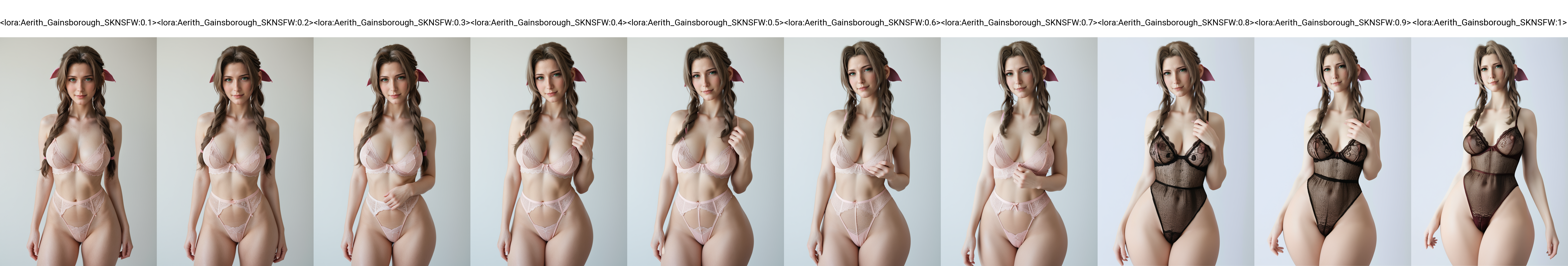 score_9, score_8_up, score_7_up, realistic,
1girl, solo, 
standing,
looking at viewer, light smile, half-closed eyes, blush,
Aerith_Gainsborough_SKNSFW, long hair, brown hair, green eyes, hair ribbon, braid,
large breasts, thick thighs,
lingerie, braid, highleg panties, 
white background,
  <lora:Aerith_Gainsborough_SKNSFW:0.1>
