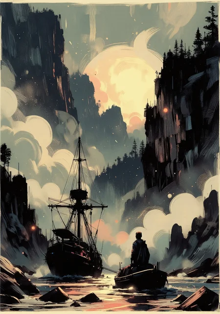 OBxiaoxiang, Special Ink-drawing mode, Mh1$AgThS2, intricate linework with expressive contrasts, inksketch of a sailing vessel in a rocky bay, moonlight