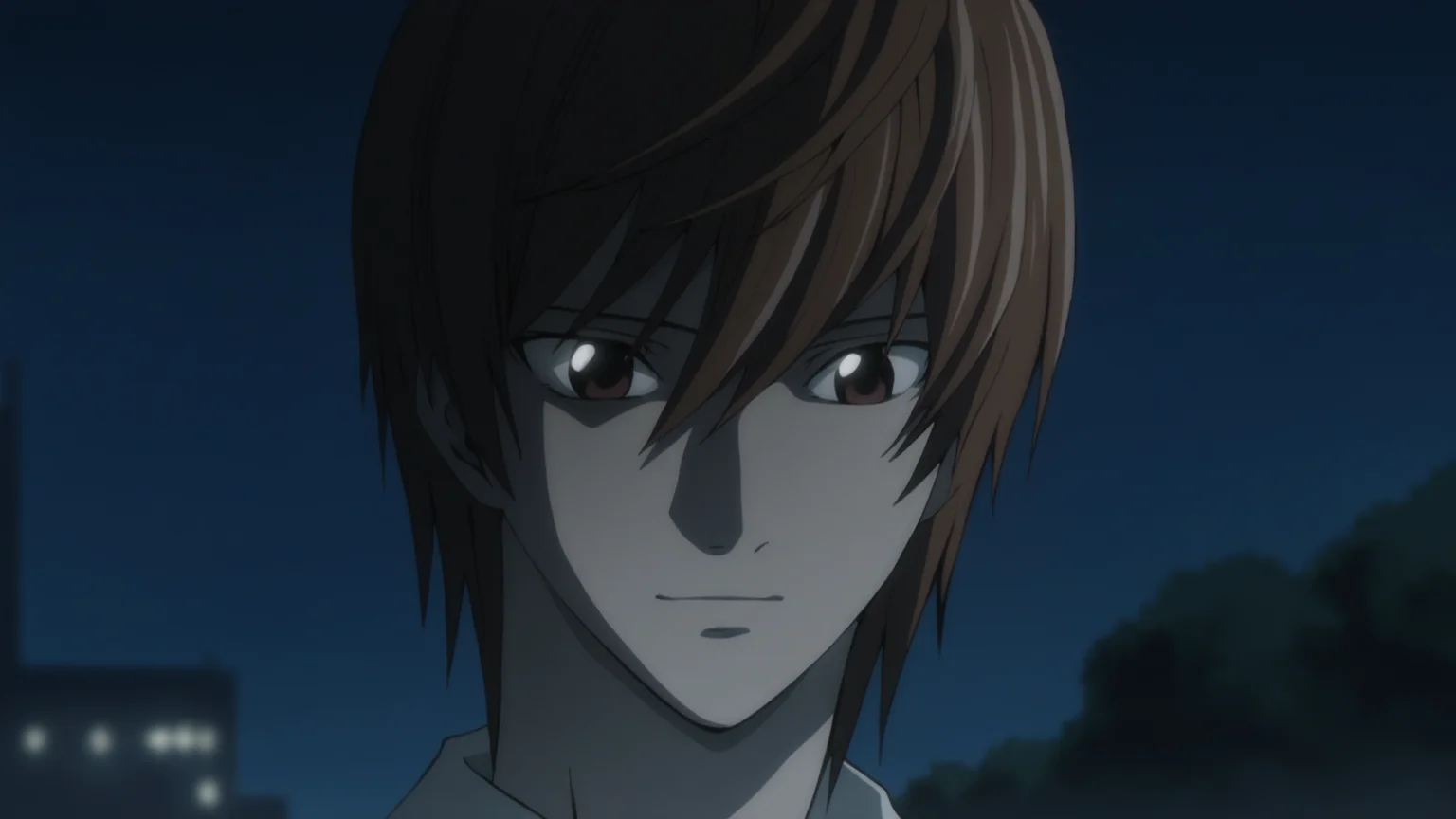death_note_style, anime screencap, anime coloring, masterpiece, best quality,amazing quality, cinematic lighting, close-up, light yagami, 1boy, brown hair, short hair, brown eyes, white shirt, red necktie,  slight smile,  outdoors, night <lora:death_note_style:1>