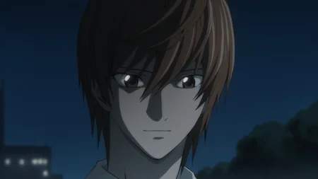 death_note_style, anime screencap, anime coloring, masterpiece, best quality,amazing quality, cinematic lighting, close-up, light yagami, 1boy, brown hair, short hair, brown eyes, white shirt, red necktie, slight smile, outdoors, night <lora:death_note_style:1>