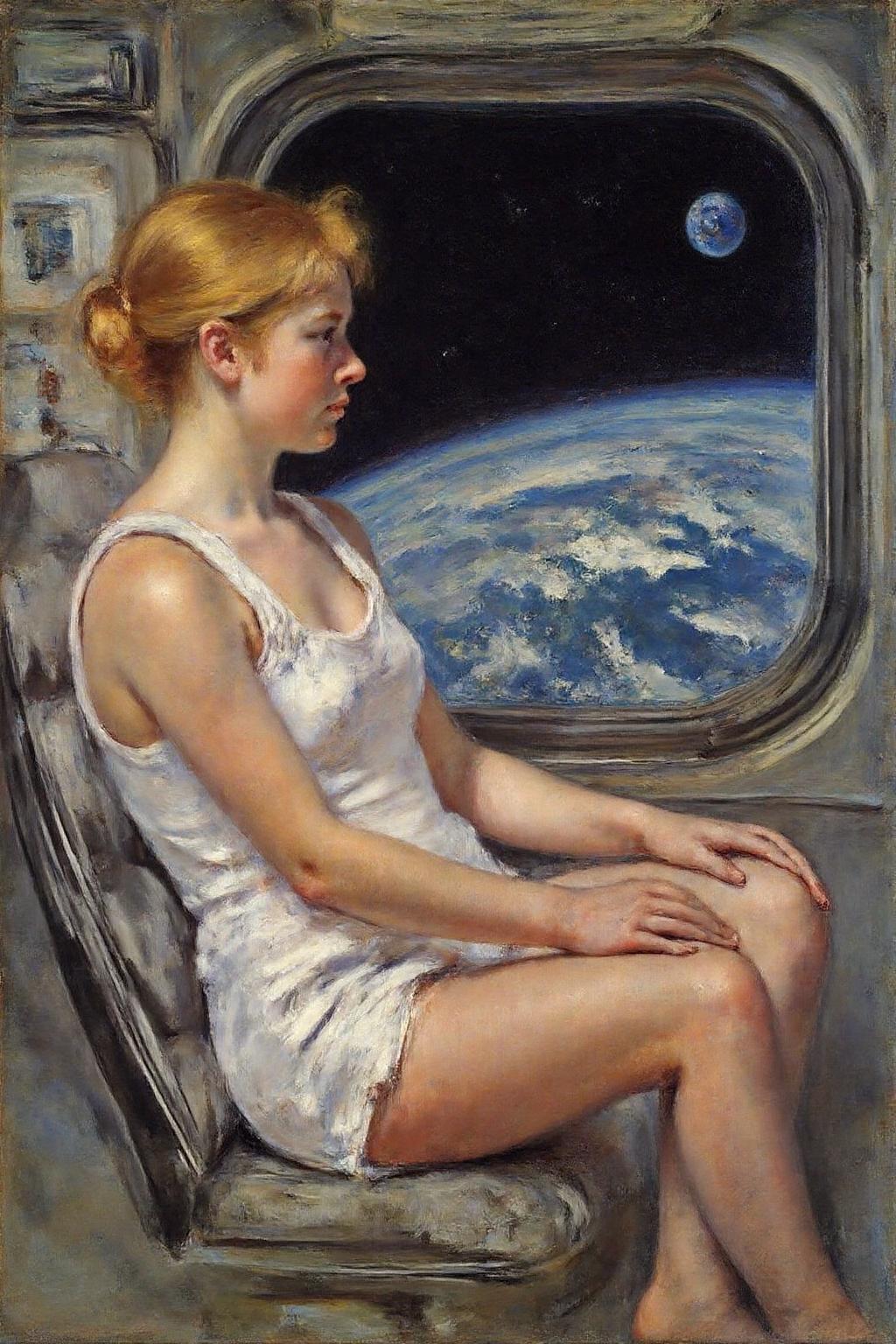 marycassatt1 painting.
Side profile view of a blonde, floating weightless, space station. She is wearing a white tanktop, short shorts and barefoot, and looking outside towards earth. She is melancholic, and is thinking of her family back on earth.
 <lora:marycassatt1_cap_d6a3e17:1.0><lora:833906246269667396:0>