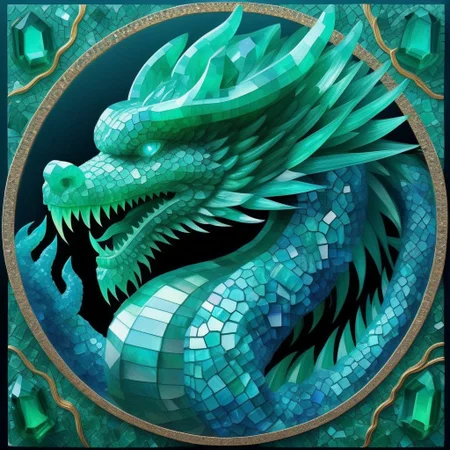dragon's claw, inside gemstone geode semi-sphere encrusted embedded rare gem, shrine to awakening, detailed face of realization, blue eyes, cubist mosaic gemstone frame, concept art, emeraldmorph