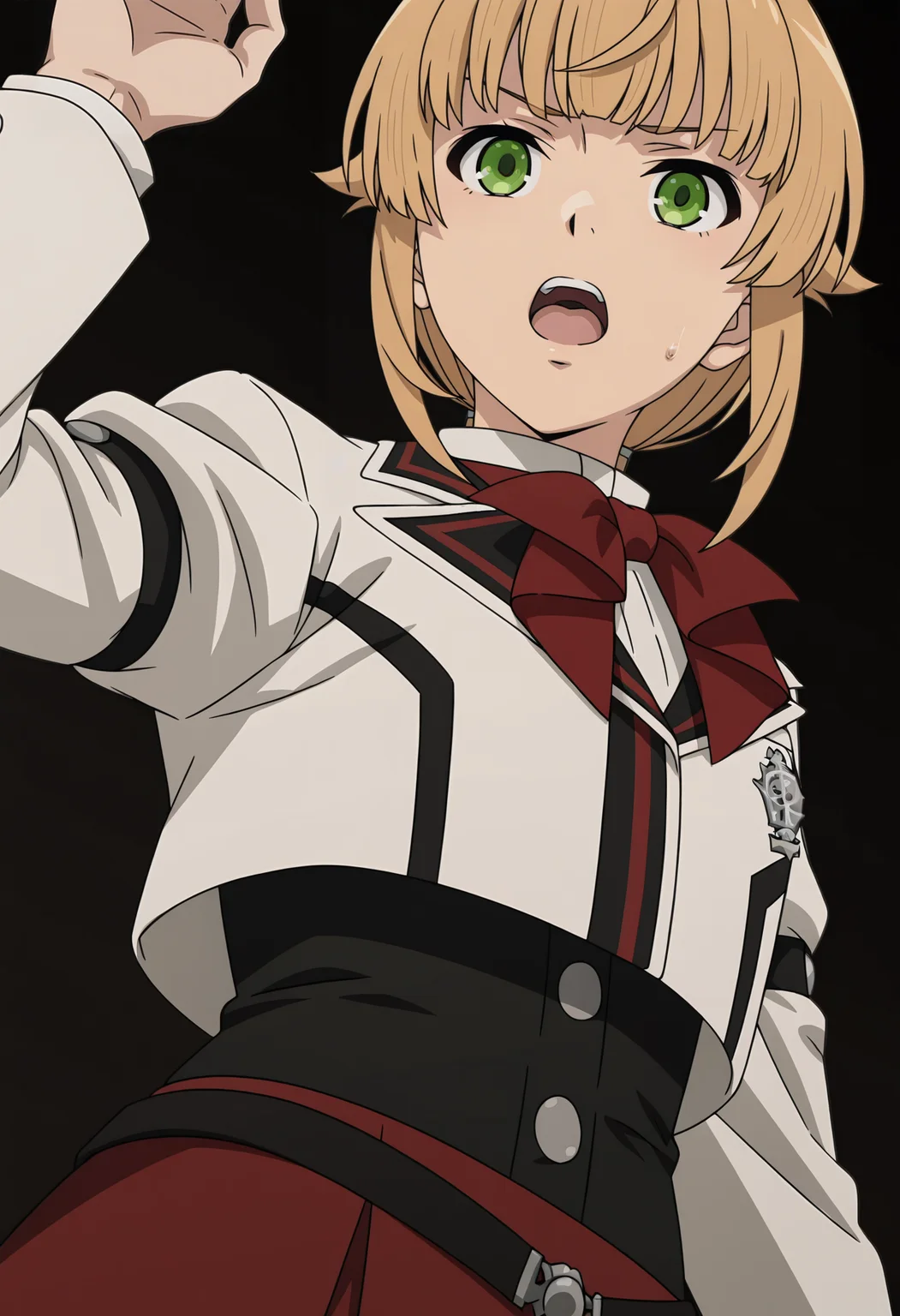 <lora:Norn Greyrat_illustrious-000054:1>,
Norn Greyrat, solo, open mouth, school uniform, red bow, long sleeves, bow, red bowtie, shirt, skirt, white jacket, bowtie, white shirt, red skirt, from below, jacket, cropped jacket, black background, upper body, anime screencap