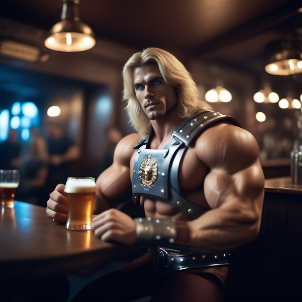 cinematic photo a muscular man, blond long hair, blue eyes, boots, manly, armor, having a beer in a pub <lora:He-man1024:0.8> . 35mm photograph, film, bokeh, professional, 4k, highly detailed