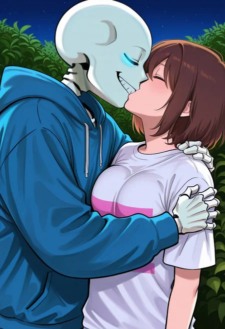 score_9, score_8_up, score_7_up, score_6_up, aoj_sr, 2d, source_cartoon,
night,garden,closer look, close view, duo,
(1male,s4ns,skeleton,one blue glowing eyes,skull,skeleton arms,skeleton body,oversized,white t-shirt),
holding, face to face, sideview,hugs,kiss,
(1woman,frisk,woman,closed eyes,brown hair,blue hoodies,big breasts,short hair),