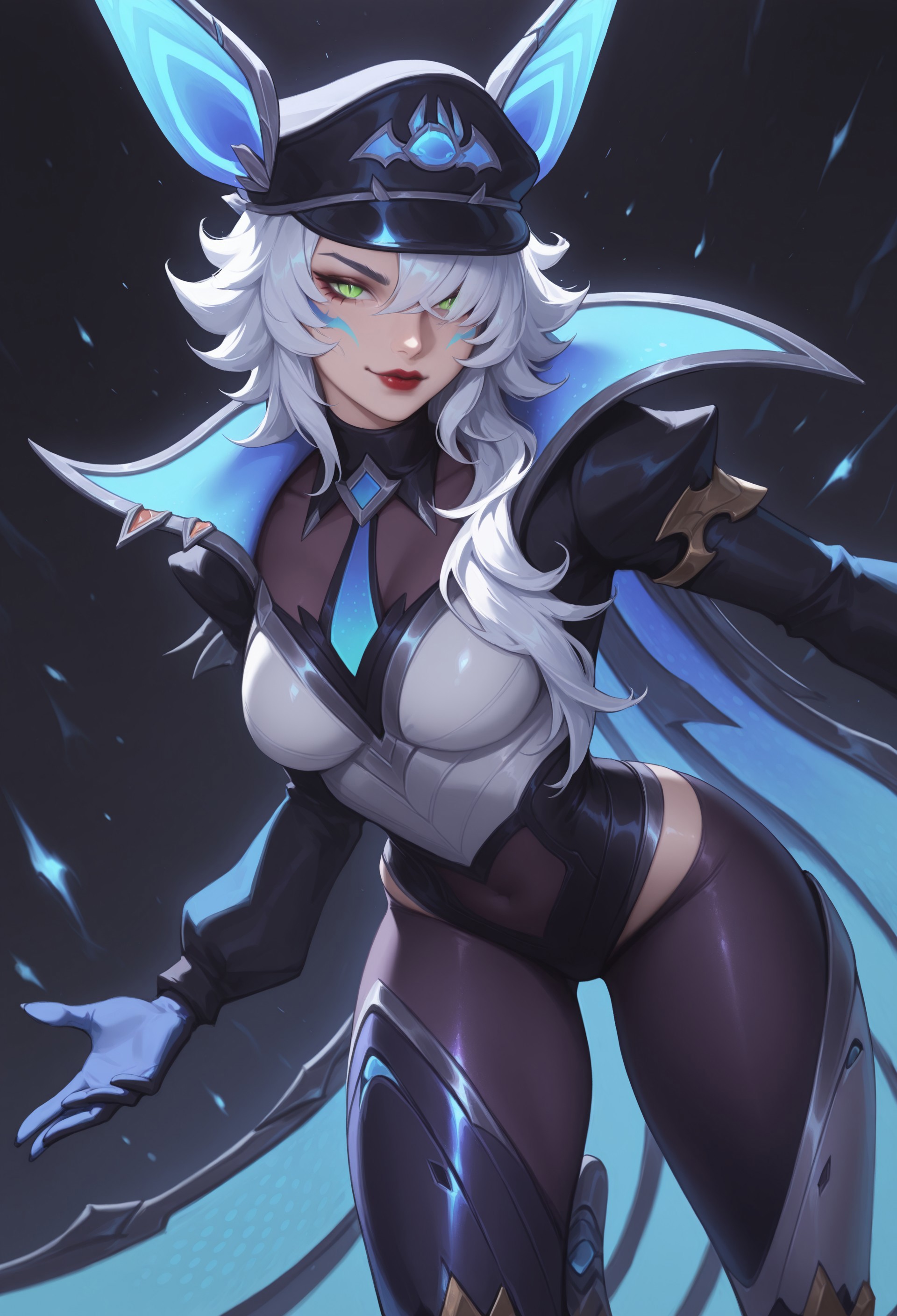 masterpiece, best quality, amazing quality, very aesthetic, absurdres, LOLBBXayah, 1girl, mechanical ears, white hair, long hair, hair over shoulder, green eyes, slit pupils, blue facial mark, mechanical legs, red lipstick, medium breasts, black peaked cap, collared cape, knee up, hat over one eye, dynamic pose, looking at viewer, smirk, hat with ears, black peaked cap, necktie, bodysuit, gloves, puffy long sleeves, collared cape, dark background, glowing, cowboy shot