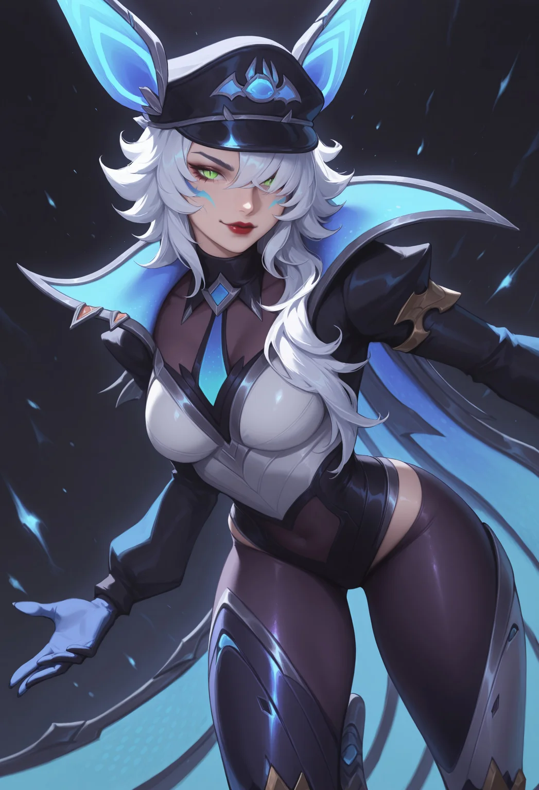 masterpiece, best quality, amazing quality, very aesthetic, absurdres, LOLBBXayah, 1girl, mechanical ears, white hair, long hair, hair over shoulder, green eyes, slit pupils, blue facial mark, mechanical legs, red lipstick, medium breasts, black peaked cap, collared cape, knee up, hat over one eye, dynamic pose, looking at viewer, smirk, hat with ears, black peaked cap, necktie, bodysuit, gloves, puffy long sleeves, collared cape, dark background, glowing, cowboy shot