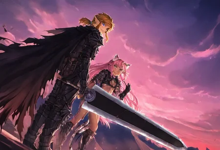 masterpiece, very aesthetic, anime screenshot, 1girl, Pink_PonyXL, DragonSlayerSword-Il.V1.0, black armor, shoulder armor, gauntlets, greaves, bandaged arm, black cape, torn cape, bright pink hair, cat ears, scar on nose, cat bell around neck, tanned, white tiger tail, small breasts, femine body, smiling, making a cute cat face, single fanged tooth showing, standing, looking at viewer, side view, wielding-dragonslayer, huge weapon, sword, holding sword, holding weapon, full body, zoomed in on pink_ponyxl, Dutch angle, cowboy shot
Break
Break 1boy,Anime screencap,link (zelda),blonde hair,blue eyes,pointy ears, low ponytail, sidelocks, wearing blue hyilian tunic, fawning over pink_ponxl
Break
City of hyrule on fire, at night