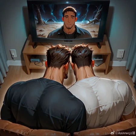 <lora:Watching_TV_ILLUSTRIOUS-000008:1> 2boys,  from_behind, television, watching_television, side-by-side, facing_away,
male focus, muscular male, muscular male, bara, mature, (very short hair, beard, bara, mature, facial hair, stubble), facial hair, bara, mature,
aixiwuganda_(20222192), very awa, masterpiece, best quality, absurdres, newest, perfect quality, detailed background, intricate details,
<lora:slider_Body Type_alpha1.0_rank4_noxattn_last:2><lora:style_Anime Summer Days 2 Style SDXL_LoRA_Pony Diffusion V6 XL:.6><lora:slider_cfg_scale_boost:.7><lora:Artist6p:.55> Artist6p, Artist04p,<lora:slider_il_brightness_slider_d1:-1><lora:slider_il_contrast_slider_d1:-1><lora:slider_DarkSlider1.2_alpha1.0_rank16_full_300steps:-.6>