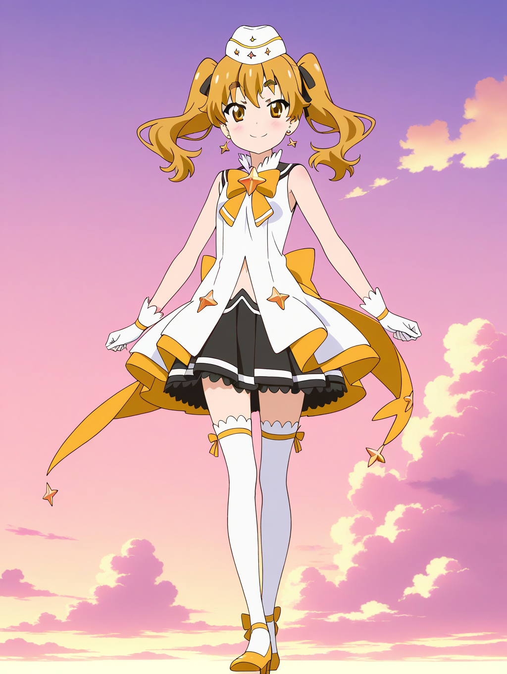 general,highres, ultra-detailed,very aesthetic,best quality ,best hands,  BREAK  <lora:Hikaru_Houkago_no_Pleiades_IS:1> Hikaru(Pleiades), 1girl,solo, twintails, blonde hair, yellow eyes,long hair, hair ribbon, 
thick eyebrows, anime coloring,
gloves, thighhighs, hat, skirt, looking at viewer, white gloves, jewelry, earrings, high heels, white thighhighs, star (symbol), 
full body, bow, smile, yellow footwear, Yellow ribbon, pleated skirt, standing, magical girl, sleeveless, 
sky, cloud,