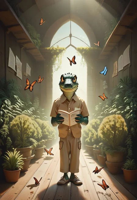 score_9,score_8_up,score_7_up, SurrealWorld, surreal, Wes Anderson style, anthropomorphic crocodile wearing a safari hat, khaki shorts and shirt, in a room full of books, butterflies flying around, sunlight streaks, studying, glasses on, plant identification posters on the walls, moss, cobwebs