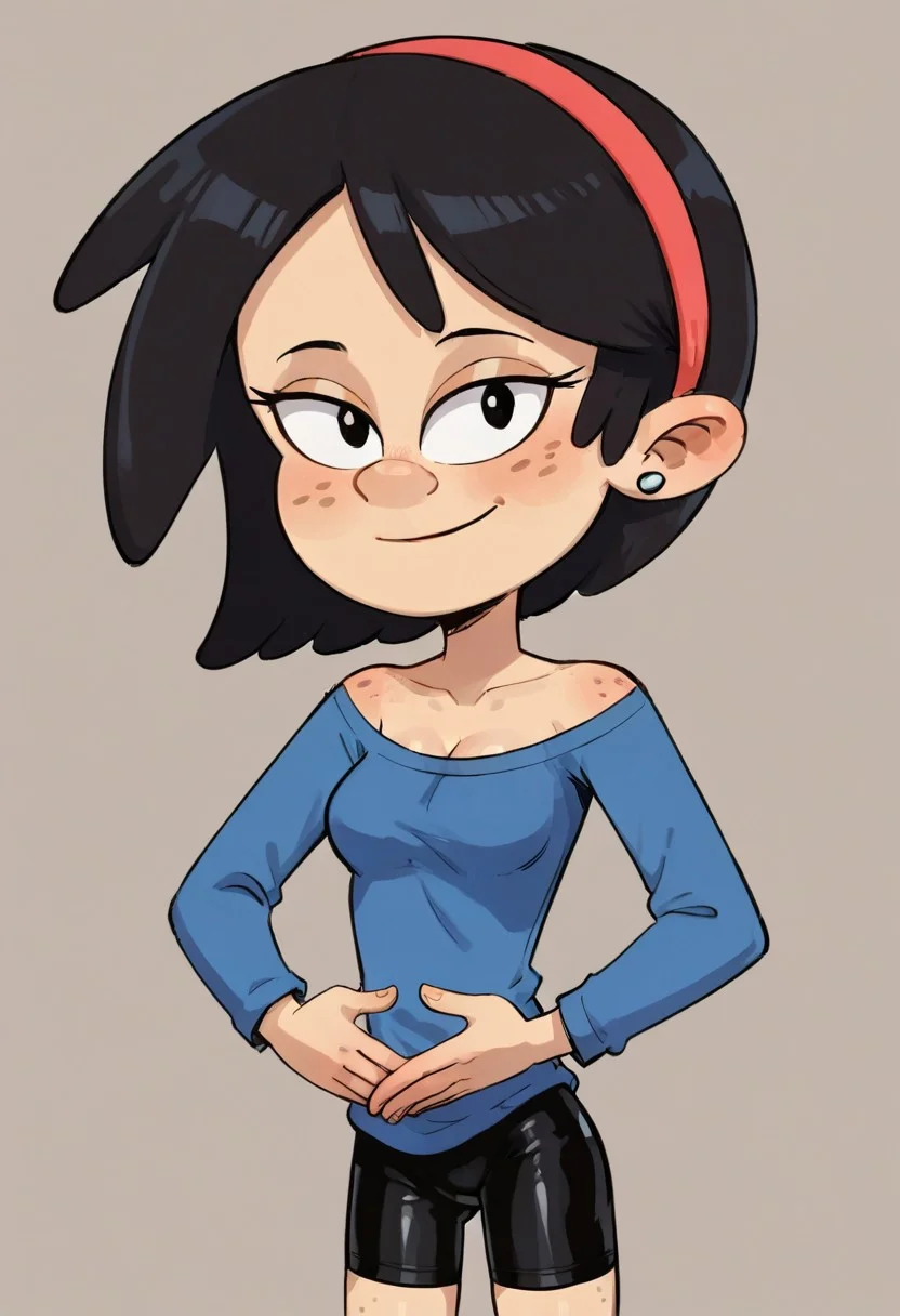 ((score_9)), score_8_up, cartoon, ((high quality)), ((masterpiece)) BREAK , 19yo, a medium perky breasts, petite body, slender girl,
SidC, 1girl, good hands, five fingered hands, long sleeve shirt, cleavage, freckles, earring, bike shorts, black hair<lora:Sid_Chang:0.8>