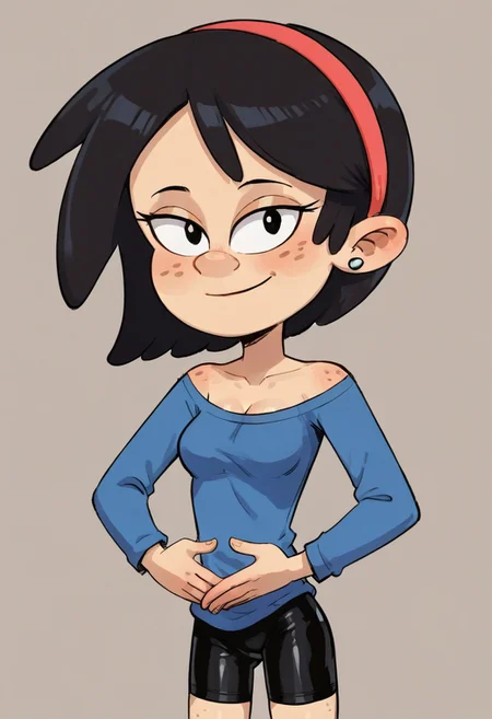 ((score_9)), score_8_up, cartoon, ((high quality)), ((masterpiece)) BREAK , 19yo, a medium perky breasts, petite body, slender girl,
SidC, 1girl, good hands, five fingered hands, long sleeve shirt, cleavage, freckles, earring, bike shorts, black hair<lora:Sid_Chang:0.8>