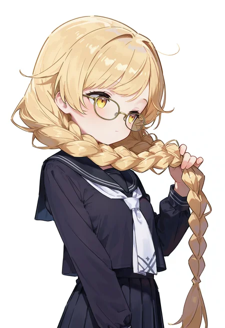 masterpiece, best quality, high quality, detailed, absurdres, uncensored, <lora:matcha:1> matcha \(mattyan\), simple background
BREAK 1girl, (small breasts:0.4), very long hair, blonde hair, yellow eyes, twin braids, swept bangs, glasses, yellow-framed eyewear, black serafuku, black sailor collar, white neckerchief, black skirt, pleated skirt, long skirt, long sleeves, holding own hair, :|, upper body