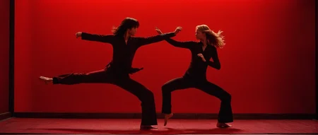 cinematic film still of <lora:Kill Bill style:1>
Cinematic film image of two silhouette people are doing a kung fu kick on a red background,1girl,long hair,long sleeves,1boy,standing,pants,red background,dancing,kicking,red theme , Kodak film grain, dramatic light, dramatic shadow light, contrast, saturated color, cinematic, filmic, motion picture, realistic, realism, perfection, perfect, deep focus, clean image, Kill Bill style, Kill Bill Film Style, shallow depth of field, vignette, highly detailed, high budget, bokeh, cinemascope, moody, epic, gorgeous, film grain, grainy