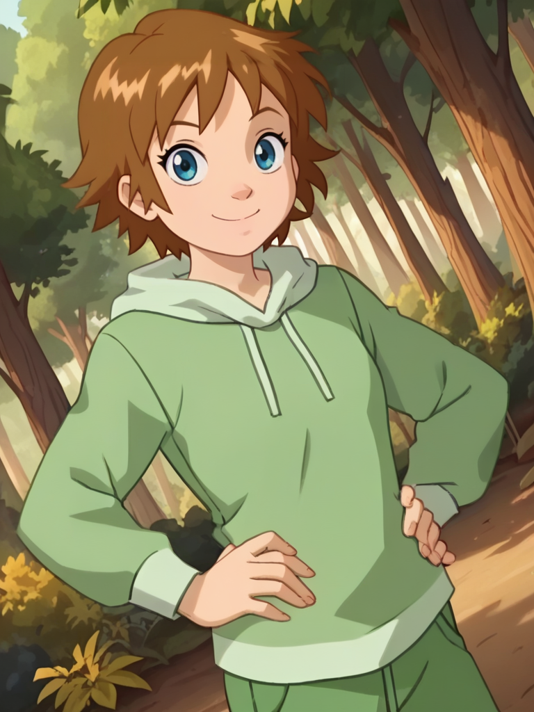 score_9, score_8_up, score_7_up, 1girl, looking at viewer, cowboy shot, dynamic pose, cute, solo, dutch angle, forest, vegetation, smile, :D, detailed background, hand on hips,
cartoon  <lora:WitchAlchemy_character:0.85> AlchemyWitch, brown hair, green eyes, short hair, green hoodie, anime screencap,