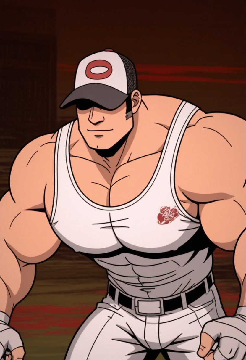 Solo, 1boy, ((Bara)) ((baseball cap with a white front)) ((baseball cap that cover shadow that covers his eyes))