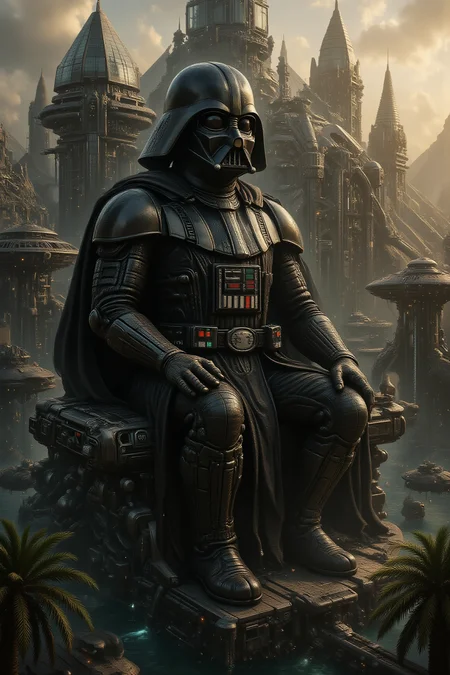 A huge statue of Darth Vader as a seated pharaoh, huge futuristic Egyptian city, steel and glass pyramids, skyscrapers and huge temples, hover cars, wide river with sleek cruisers. Palm trees, distant mountains, hot sun deep shadows.