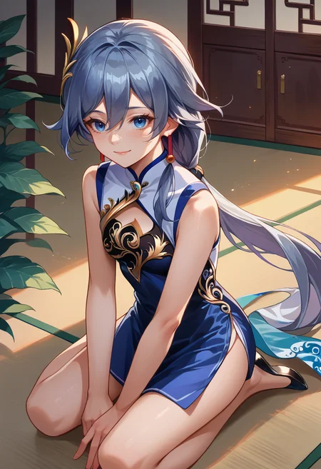 score_9, score_8_up, source_anime, HuaSwallow, blue eyes, grey hair, long hair, low ponytail, hair ornament, tassel earrings, cleavage cutout, china dress, blue dress, sleeveless, short dress, kneeling, on floor, indoors, smile, <lora:ChamFuHuaPonyXL:1>