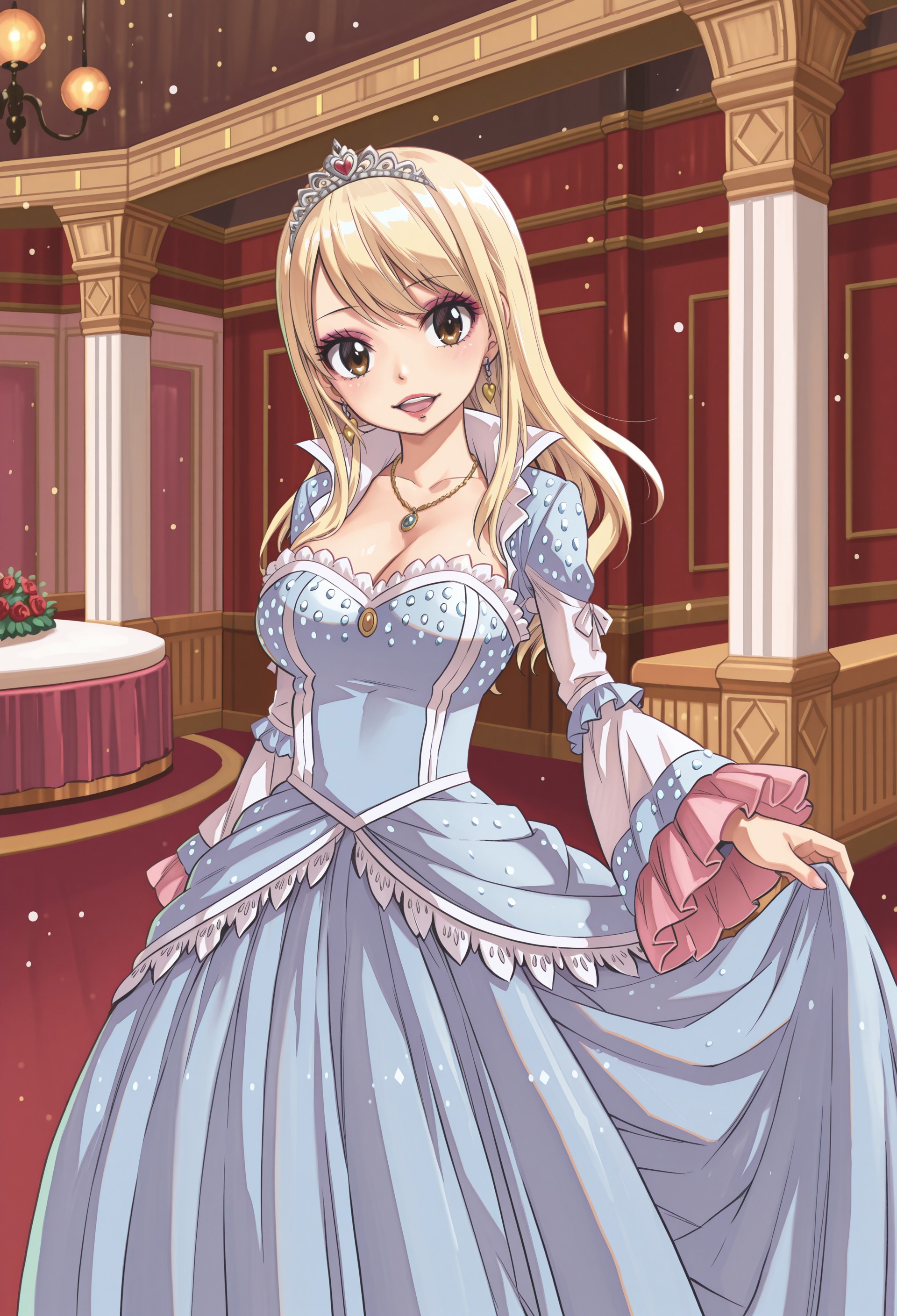 Hiro_Mashima, 1girl, lucy heartfilia, blonde hair, long hair, masterpiece, best quality, absurdres,
princess dress, long sleeves, wide sleeves, frilled sleeves, multilayered dress, gown, tiara, long skirt, ruffles, frills, sequins, earrings, brooch, necklace, jewelry,
lipstick, long eyelashes, eyeshadow, eyeliner, light blush, makeup,
indoors, ballroom, buffet,
cowboy shot, solo, standing, smile, open mouth, looking at viewer,