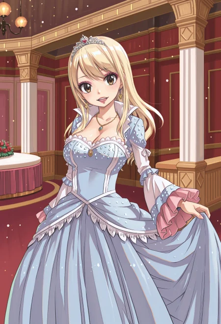 Hiro_Mashima, 1girl, lucy heartfilia, blonde hair, long hair, masterpiece, best quality, absurdres,
princess dress, long sleeves, wide sleeves, frilled sleeves, multilayered dress, gown, tiara, long skirt, ruffles, frills, sequins, earrings, brooch, necklace, jewelry,
lipstick, long eyelashes, eyeshadow, eyeliner, light blush, makeup,
indoors, ballroom, buffet,
cowboy shot, solo, standing, smile, open mouth, looking at viewer,