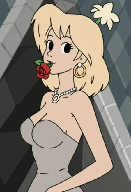 woman, tiffany, kangoo,1girl, jewelry, flower, solo, earrings, blonde hair, dress, necklace, breasts, rose, flower in mouth, red flower, looking at viewer, strapless dress, holding, strapless, upper body, grey dress, petals, medium hair, red rose, mouth hold, holding flower, medium breasts, bare shoulders, black eyes