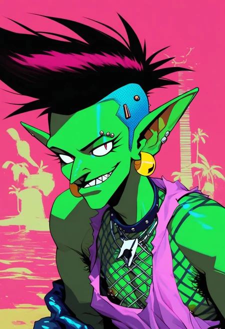 score_9, score_8_up, score_7_up, score_6_up, lI stylish, pretty face, sexy (green shortstack goblin:1.23) fishnet bodysuit, hairy legs, punk, lI artistic, lI piercings, pierced body, zh0n66u0 thick line-art, tough, confident, having fun, uneven body proportions, heavy big earrings, abstract 90s background, wild 90s colors, urban punk, concrete jungle,
