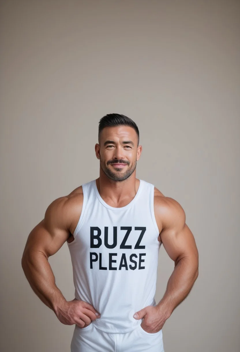 A handsome man in a plastic singlet holding a sign that reads "BUZZ Please"