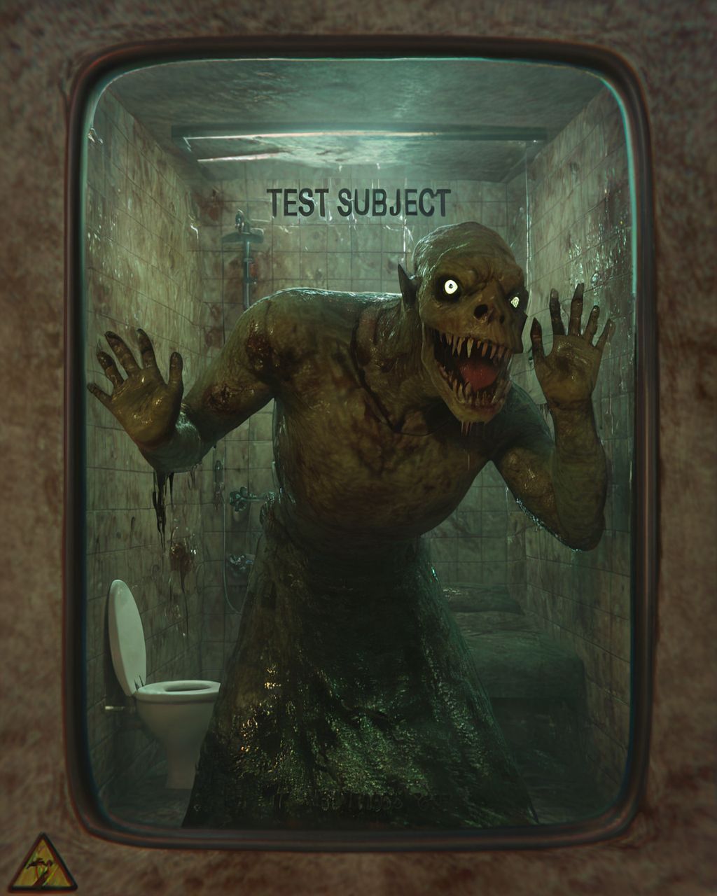<lora:testchamberV2:0.8> testchamber, behind glass with text "TEST SUBJECT", monster, holding cell, bathroom, zombie, horror,, score_9, score_8_up, score_7_up, score_6_up, score_5_up, score_4_up, ponypositive,