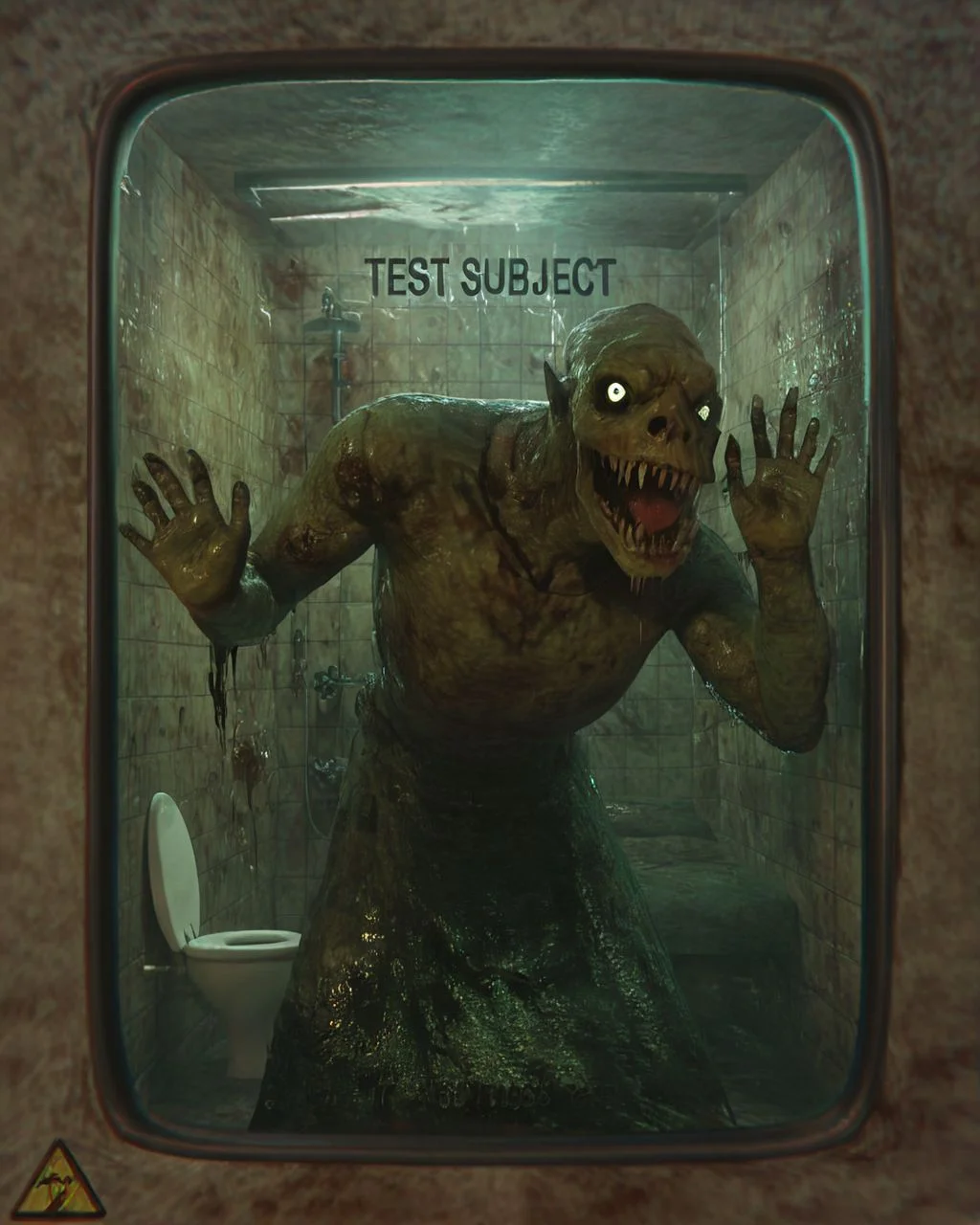 <lora:testchamberV2:0.8> testchamber, behind glass with text "TEST SUBJECT", monster, holding cell, bathroom, zombie, horror,, score_9, score_8_up, score_7_up, score_6_up, score_5_up, score_4_up, ponypositive,