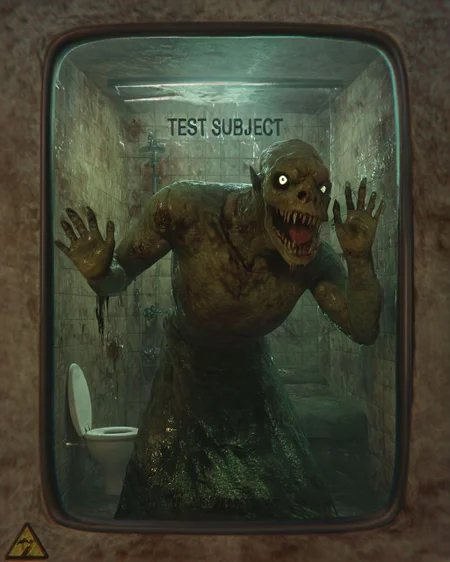 <lora:testchamberV2:0.8> testchamber, behind glass with text "TEST SUBJECT", monster, holding cell, bathroom, zombie, horror,, score_9, score_8_up, score_7_up, score_6_up, score_5_up, score_4_up, ponypositive,
