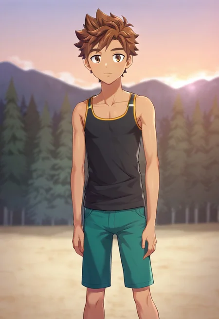 connor, brown hair, bangs. dark brown eyes, short hair, camp buddy, boy, wear black singlet, solo, young man, small body, black half pants, outdoor, sunny day, clear sky, avarage height, strong leg