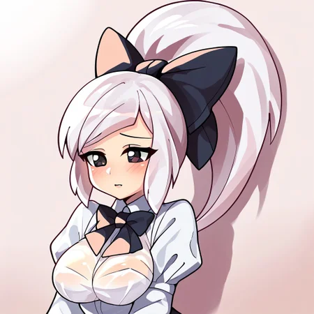 score_9, score_8_up, score_7_up, score_6_up, score_5_up, score_4_up, source_cartoon, <lora:confetti-extract- ponyxl:0.85>, detailed eyes, easynegative, rating_explicit, Expressiveh, 1girl, solo,
Geraldine, shirt,  white shirt, white hair, ponytail, sidelocks, hair bow, collared shirt, , puffy sleeves, bowtie, black eyes, black bow, dress shirt, swept bangs,  high ponytail, traditional bowtie, necktie, big breasts, blush, shy