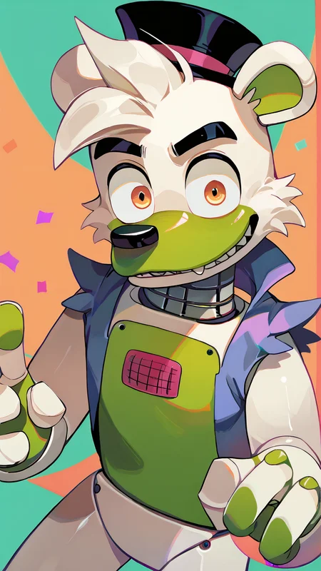 <lora:saucebear_ponyxl-10v1.2:1.7> score_9_up, score_8_up, score_7_up, source_cartoon, outside, saucebear, bear ears, large canines, perfect canines, sabertooth, deep blue mini top hat, orange eyes, detailed eyes, green phalanges, four fingers, (((four fingers))), greenish-white body:1.2, (green color front, gray neck, metallic neck:1.5), wearing blue vest, loose vest, thin neck, solo, (looking at viewer), perfect body, detailed hands, toony hands, toony body, toony head, zPDXL2, detailed hat, male focus, nice background, (flat chest), fluffy head:0.8, BREAK, winter scene