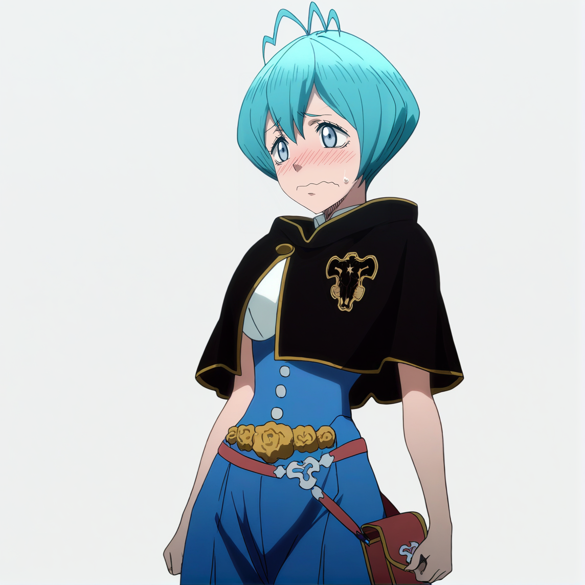 sharp focus, pixiv masterpiece, source_anime, score_9, absurd res, high res, anime_screencap,
 <lora:Grey_blackclover_IL_v36-000015:1>, grey_bc, 1girl, solo, grey-blue_eyes, cyan_hair, short_hair, antenna_hair, black_capelet,  sleeveless_shirt,  high-waisted_pants, waist_flowers, metal_belt, upper body, standing, arms_at_sides, (white background, simple background:1.5), blushing, hands_in_front_of_face, blushing, wavy mouth