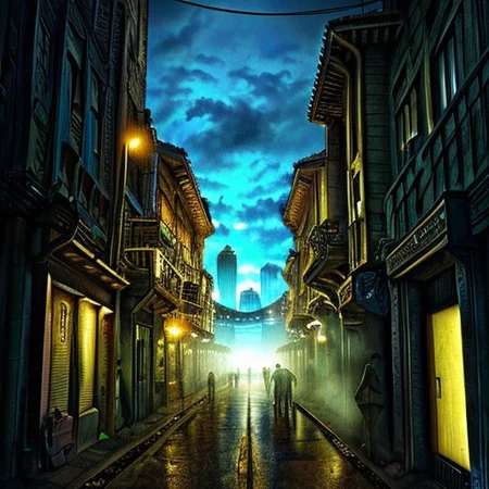 RAW photo, (masterpiece:1.3), subsurface scattering, heavy shadow, (high quality:1.4), (intricate, high detail:1.2), professional photography, HDR, High Dynamic Range, realistic, ultra realistic, photorealistic, high resolution, ambient lighting, atmospheric effects, fog, OverallDetail, alley, building, city, hood, lamppost, multiple boys, multiple girls, neon lights, night, nightcity, outdoors, people, road, scenery, science fiction, sign, sky, skyscraper, solo, street, sunset, weapon, epiCPhoto