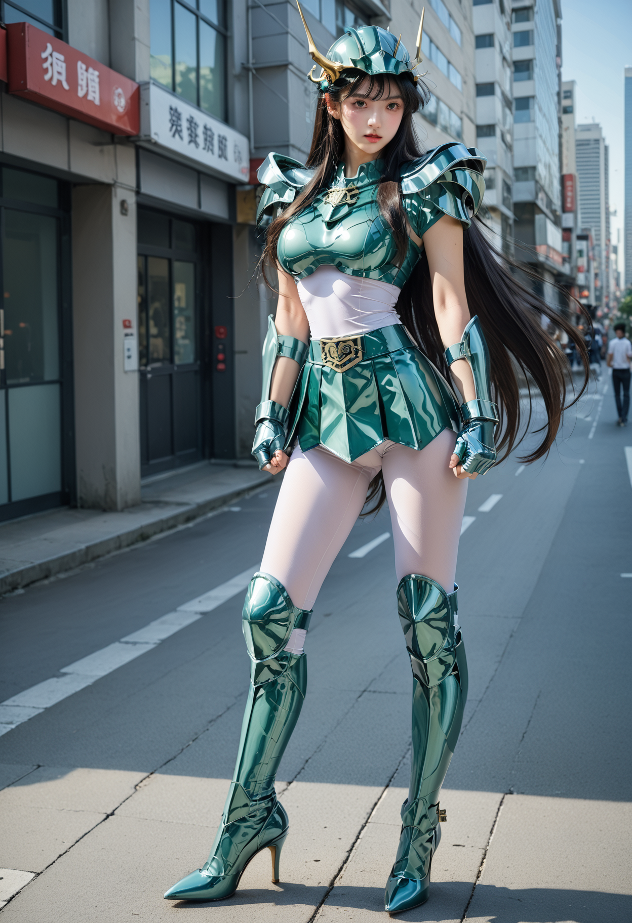 score_9,score_8_up,score_7_up,8k,1girl,heavy make-up,outdoors,city,street,tokyo,shinjuku,large breasts,slim waist,wide hips,dynamic pose,
<lora:saintseiya5-pony-v70-000006:0.8>,1gshiryu,long hair,armor,very long hair,high heels,black hair,medium breasts,boots,gloves,skirt,green armor,shoulder armor,breastplate,helmet,pantyhose,belt,skin tight,clenched hand,fingerless gloves,vambraces,pauldrons,clenched hands,leotard,