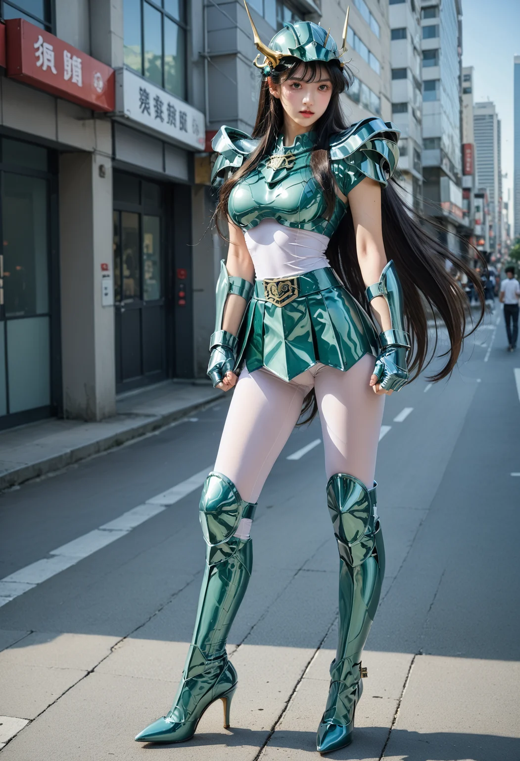 score_9,score_8_up,score_7_up,8k,1girl,heavy make-up,outdoors,city,street,tokyo,shinjuku,large breasts,slim waist,wide hips,dynamic pose,
<lora:saintseiya5-pony-v70-000006:0.8>,1gshiryu,long hair,armor,very long hair,high heels,black hair,medium breasts,boots,gloves,skirt,green armor,shoulder armor,breastplate,helmet,pantyhose,belt,skin tight,clenched hand,fingerless gloves,vambraces,pauldrons,clenched hands,leotard,