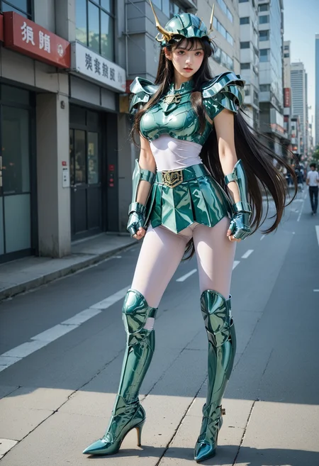 score_9,score_8_up,score_7_up,8k,1girl,heavy make-up,outdoors,city,street,tokyo,shinjuku,large breasts,slim waist,wide hips,dynamic pose,
<lora:saintseiya5-pony-v70-000006:0.8>,1gshiryu,long hair,armor,very long hair,high heels,black hair,medium breasts,boots,gloves,skirt,green armor,shoulder armor,breastplate,helmet,pantyhose,belt,skin tight,clenched hand,fingerless gloves,vambraces,pauldrons,clenched hands,leotard,