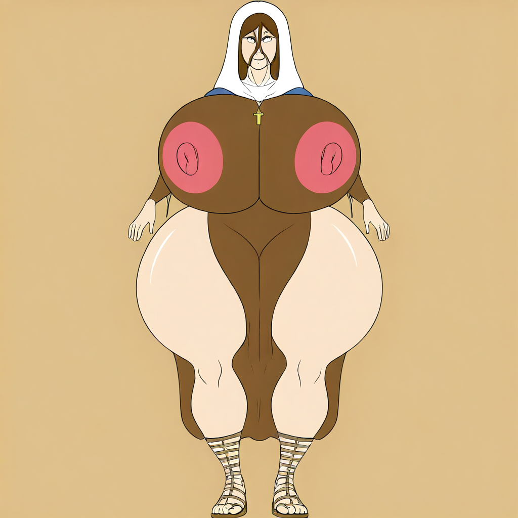 Virgin Mary,huge breasts,thicc,huge thighs,huge hips,brown dress,white hood,brown hair,hair between eyes,sandals