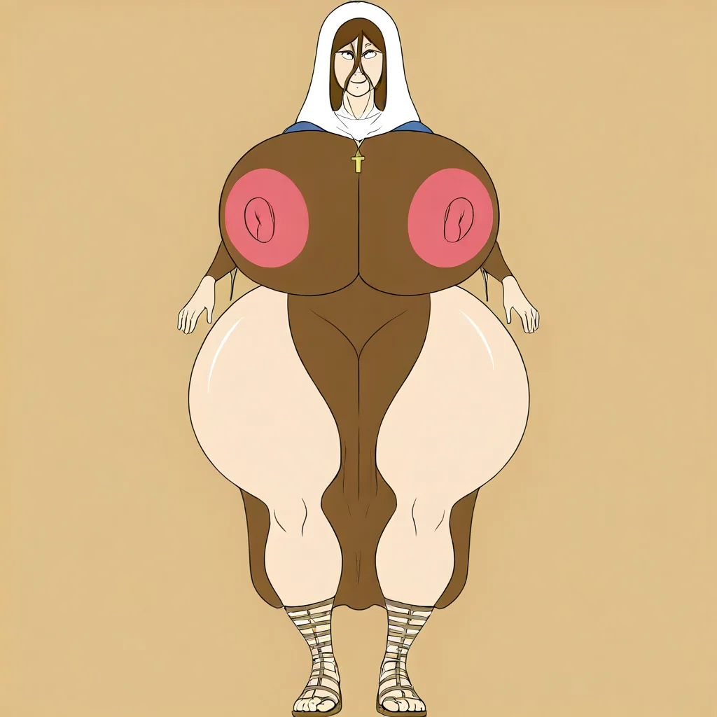 Virgin Mary,huge breasts,thicc,huge thighs,huge hips,brown dress,white hood,brown hair,hair between eyes,sandals