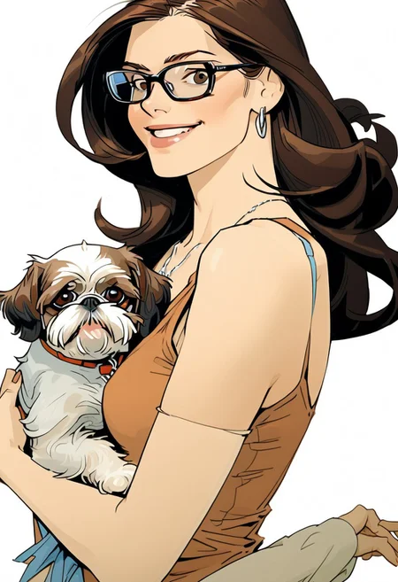 NijiEX style illustration. Close up of a girl holding a shih tzu in her arms, glasses. Long flowing brown hair, brown eyes.Style by Masamune Shirow.