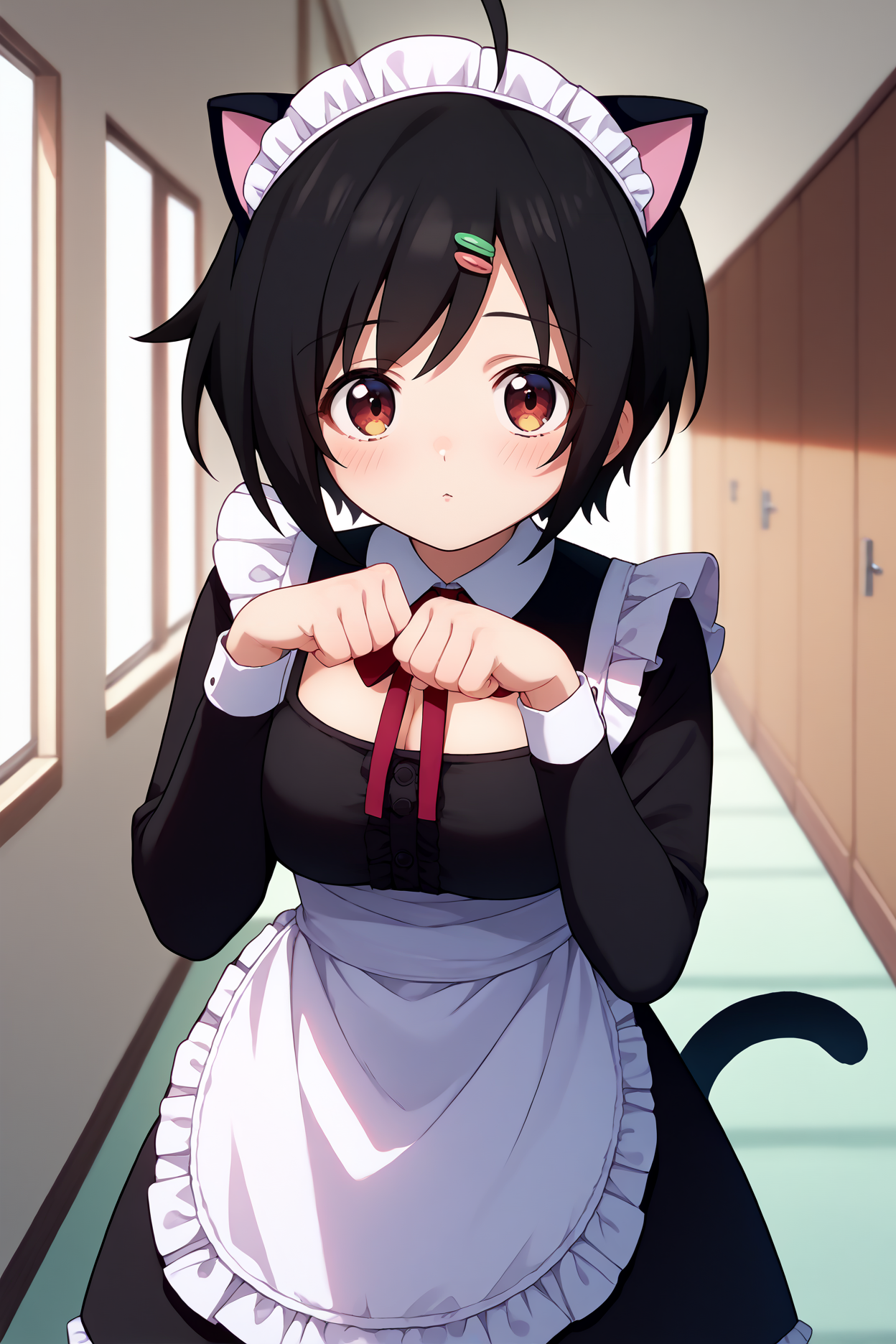 score_9, score_8_up, score_7_up, score_6_up, source_anime, 1girl, solo, <lora:sakuraitomoko-pdxl-nvwls-v1-000006:1> sakutomo, black hair, short hair, ahoge, hairclip, big breasts, maid dress, apron, fake cat ears, cat tail, neck ribbon, blush, paw pose, hallway, looking at you, long sleeves, frills