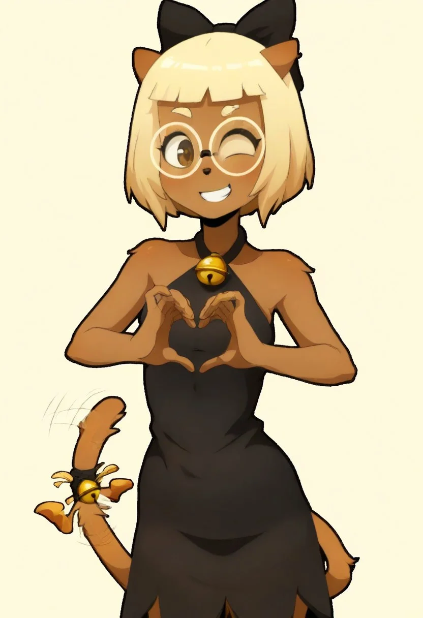 (WakfuMMOArt, black outlines, thick outlines), upper body shot, upper body only, DofusJulie, 1girl, animal ears, animal nose, brown eyes, small blond eyebrows, blonde hair, bob cut, bangs, round glasses, dark skin, cat tail, black bow, hair bow, halterneck, black dress, bell, closeup, smiling, wagging tail, one tail, motion lines, winking, front view, cowboy shot, heart shaped hands, simple background, masterpiece, best quality, very aesthetic,
