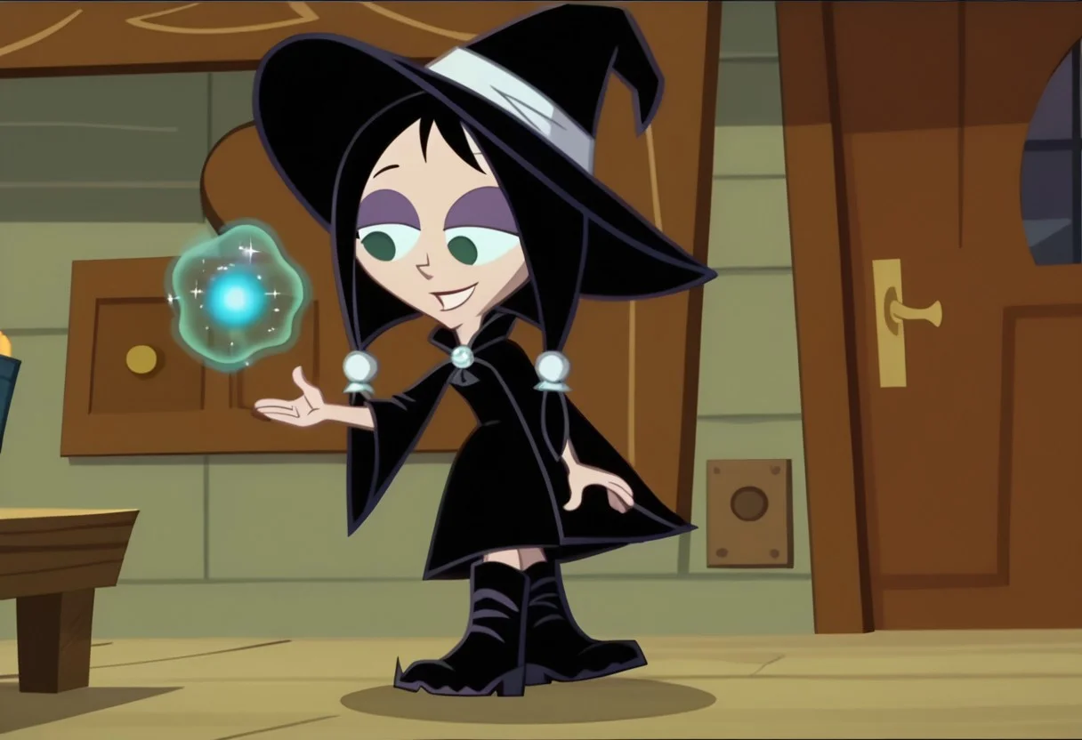 score_9, score_8_up, score_7_up BREAK MansonM, 1girl, black hair, dark green eyes, purple eyeshadow, white scrunchies, pigtails, black witch dress, black witch hat, black witch boots, closed smile, magic, magic spell, coven house indoors, scary coven background, screenshot, official art, parody, cartoon footage, official design, screencap, cartoon screenshot, official screenshot, 2d, cartoon, source_cartoon, full body,
