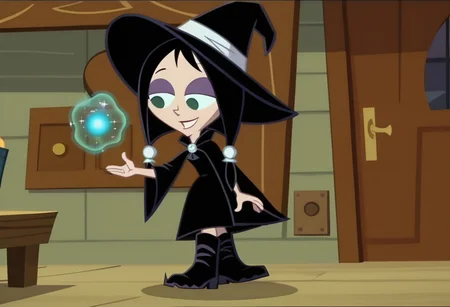 score_9, score_8_up, score_7_up BREAK MansonM, 1girl, black hair, dark green eyes, purple eyeshadow, white scrunchies, pigtails, black witch dress, black witch hat, black witch boots, closed smile, magic, magic spell, coven house indoors, scary coven background, screenshot, official art, parody, cartoon footage, official design, screencap, cartoon screenshot, official screenshot, 2d, cartoon, source_cartoon, full body,