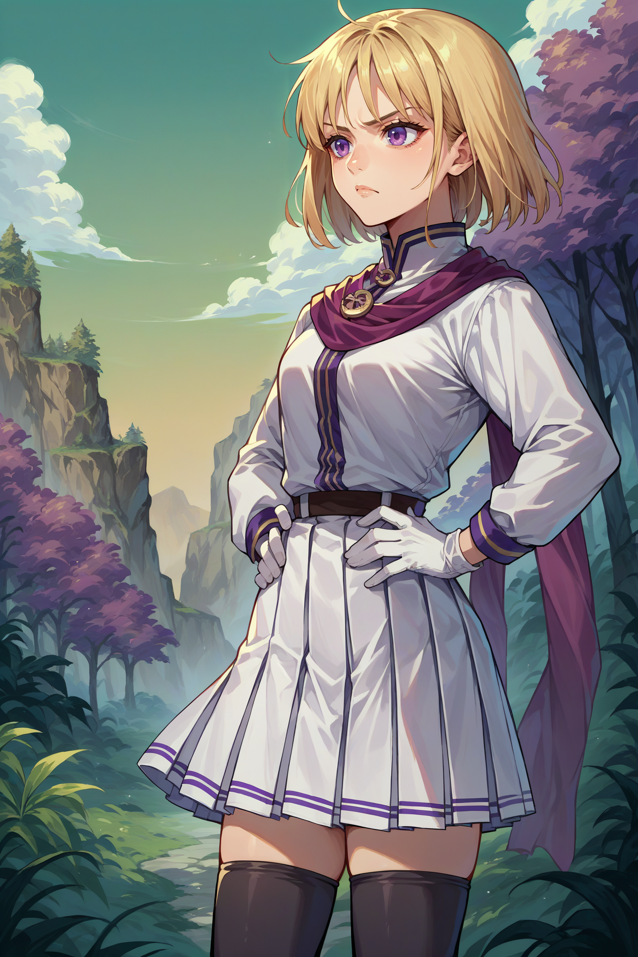 score_9, score_8_up, score_7_up, score_6_up, source_anime, 1girl, solo <lora:yselena-pdxl-nvwls-v1-000005:1> ysElena, blonde hair, medium hair, purple eyes, purple scarf, long sleeves, white skirt, pleated shirt, white gloves, black thighhighs, hands on hips, serious, clouds, forest