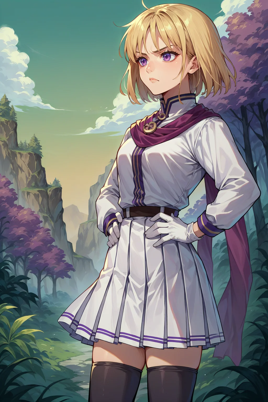 score_9, score_8_up, score_7_up, score_6_up, source_anime, 1girl, solo <lora:yselena-pdxl-nvwls-v1-000005:1> ysElena, blonde hair, medium hair, purple eyes, purple scarf, long sleeves, white skirt, pleated shirt, white gloves, black thighhighs, hands on hips, serious, clouds, forest