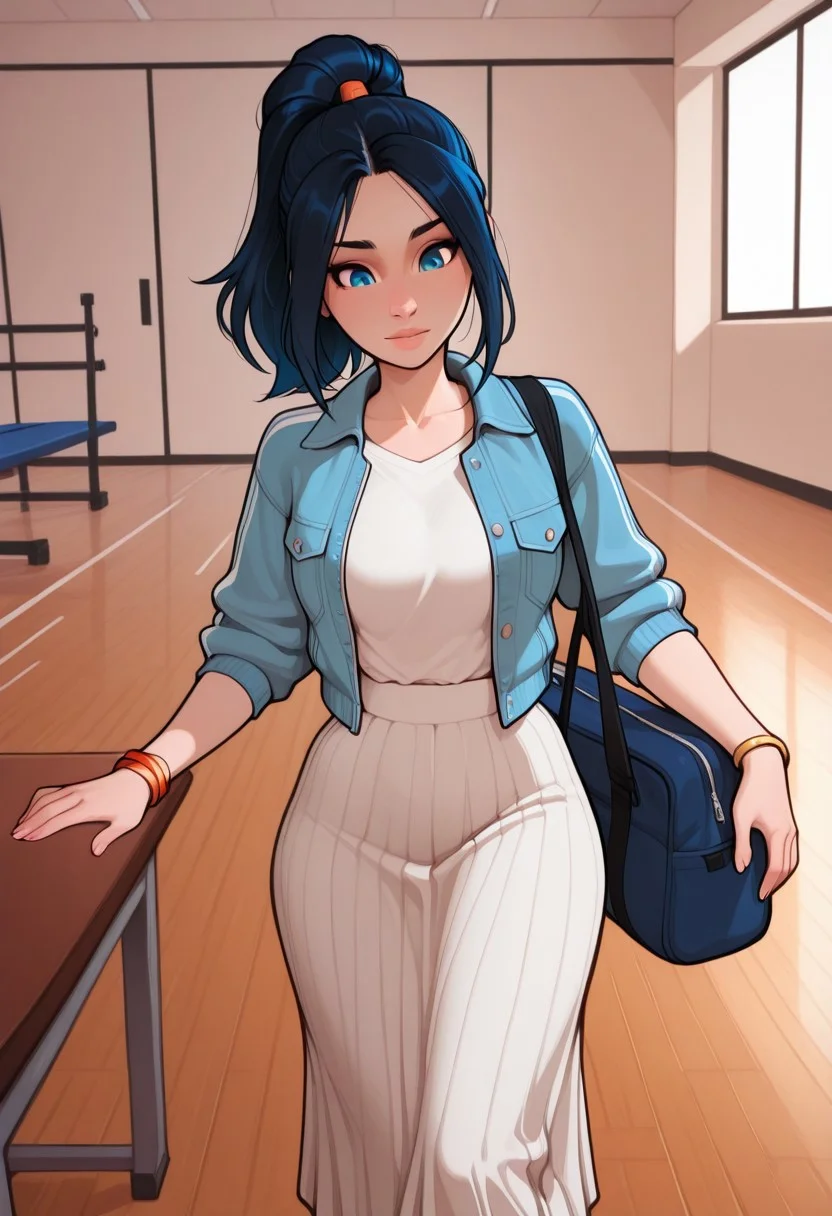 masterpiece, best quality, amazing quality, very aesthetic, absurdres, 5p4rr0w, artist style, gym, gym envirement, solo, 1girl, female focus, lineless, incoth, (incase:0.6), indoors, light blue eyes, long black hair, blue highlights, elegant ponytail, bracelet, parted bangs, refined, beautiful, kawaii,
wearing casual outfit, white shirt, white shirt under jacket, open blue denim jacket, long colurful skirt, long skirt,
black adidas sportsbag, strap of the bag over the sholder, bag hanging from the sholder,
walkin in to a gym, gym entrance, gym envirement, entrance desk,
dynamic pose, close up,