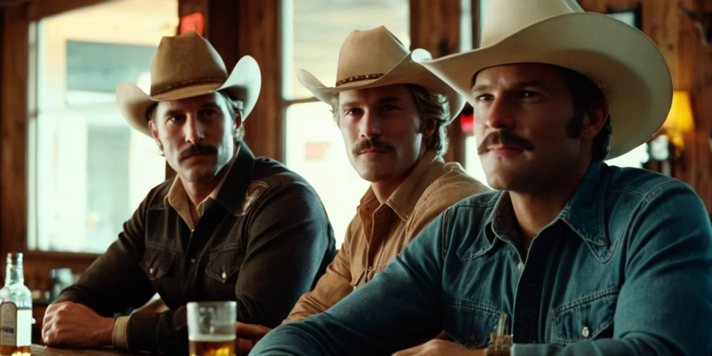 cinematic film still of <lora:cinematic vintage film:1>
two men from Texas in cowboy hats are sitting at a bar cinematic vintage film style, shallow depth of field, vignette, highly detailed, high budget, bokeh, cinemascope, moody, epic, gorgeous, film grain, grainy